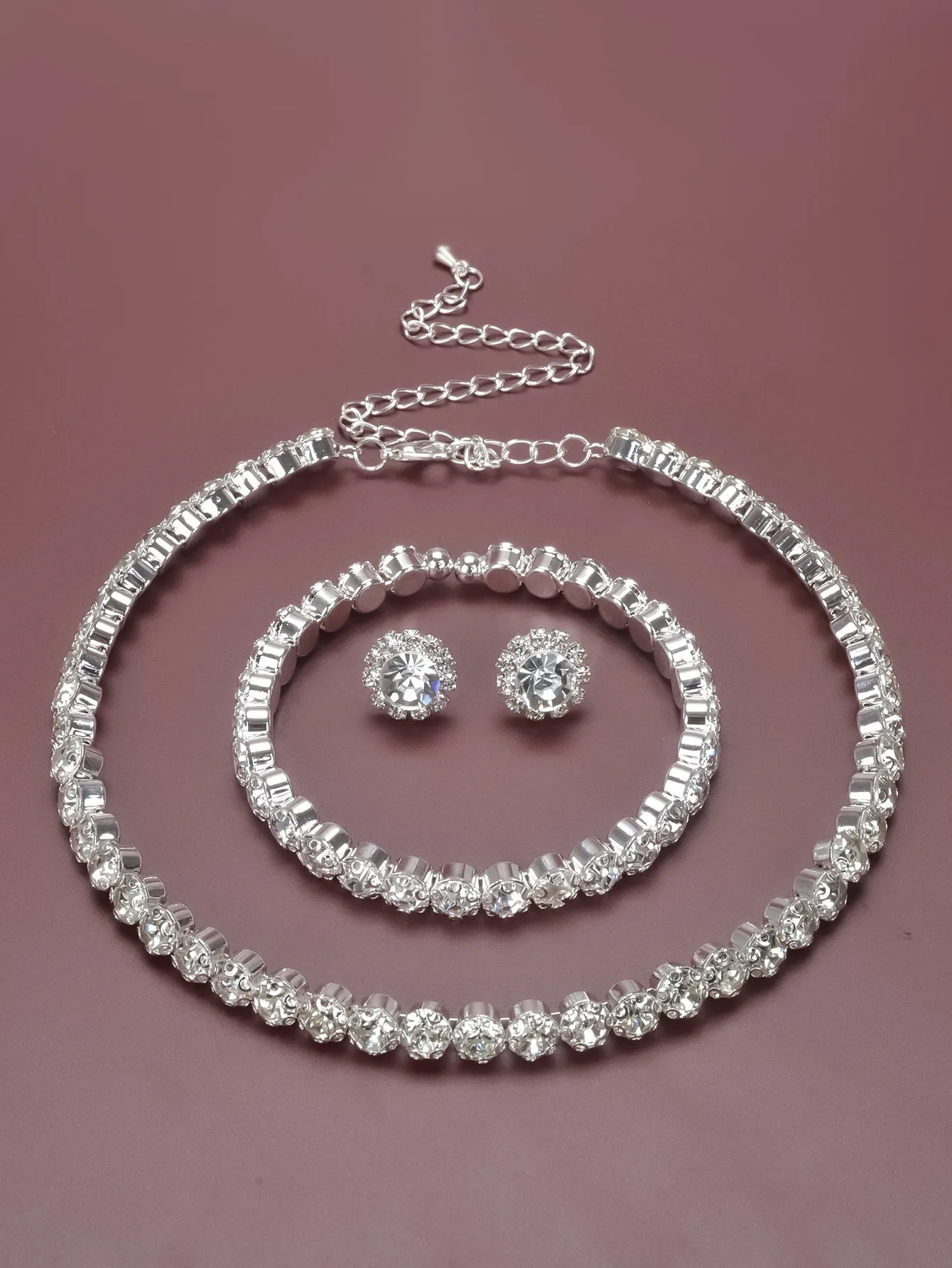 Rhinestone Decor Necklace & Bracelet & Stud Earrings