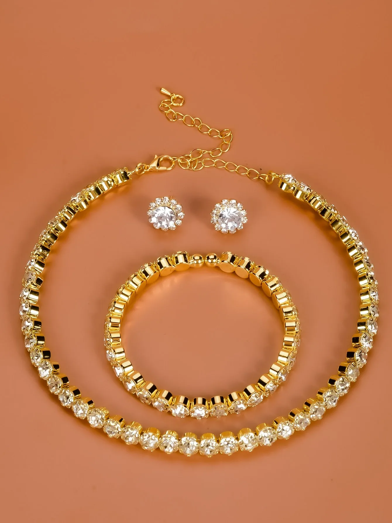 Rhinestone Decor Necklace & Bracelet & Stud Earrings