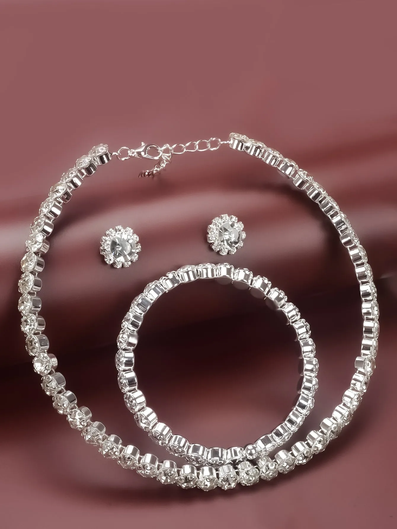 Rhinestone Decor Necklace & Bracelet & Stud Earrings