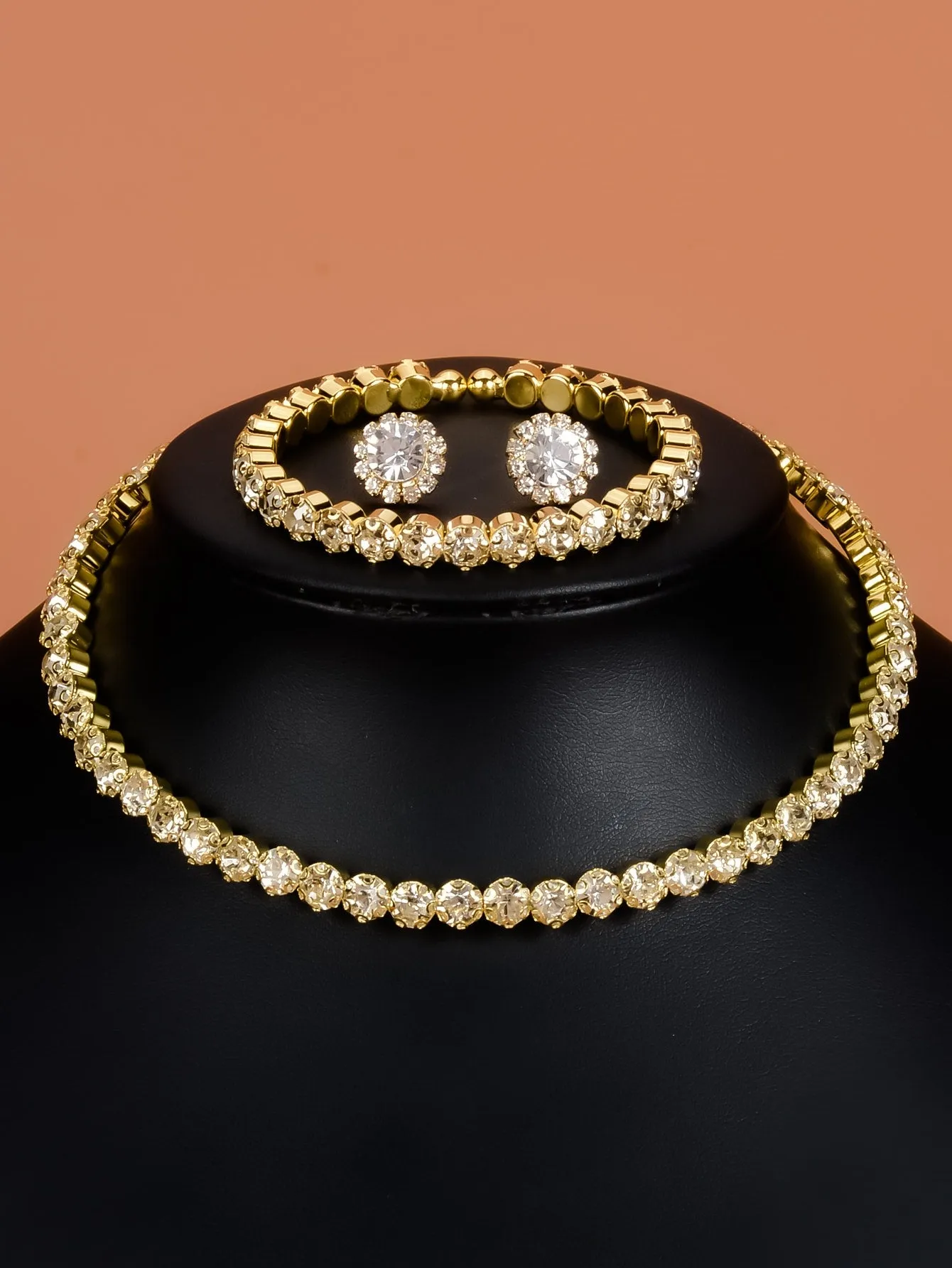 Rhinestone Decor Necklace & Bracelet & Stud Earrings