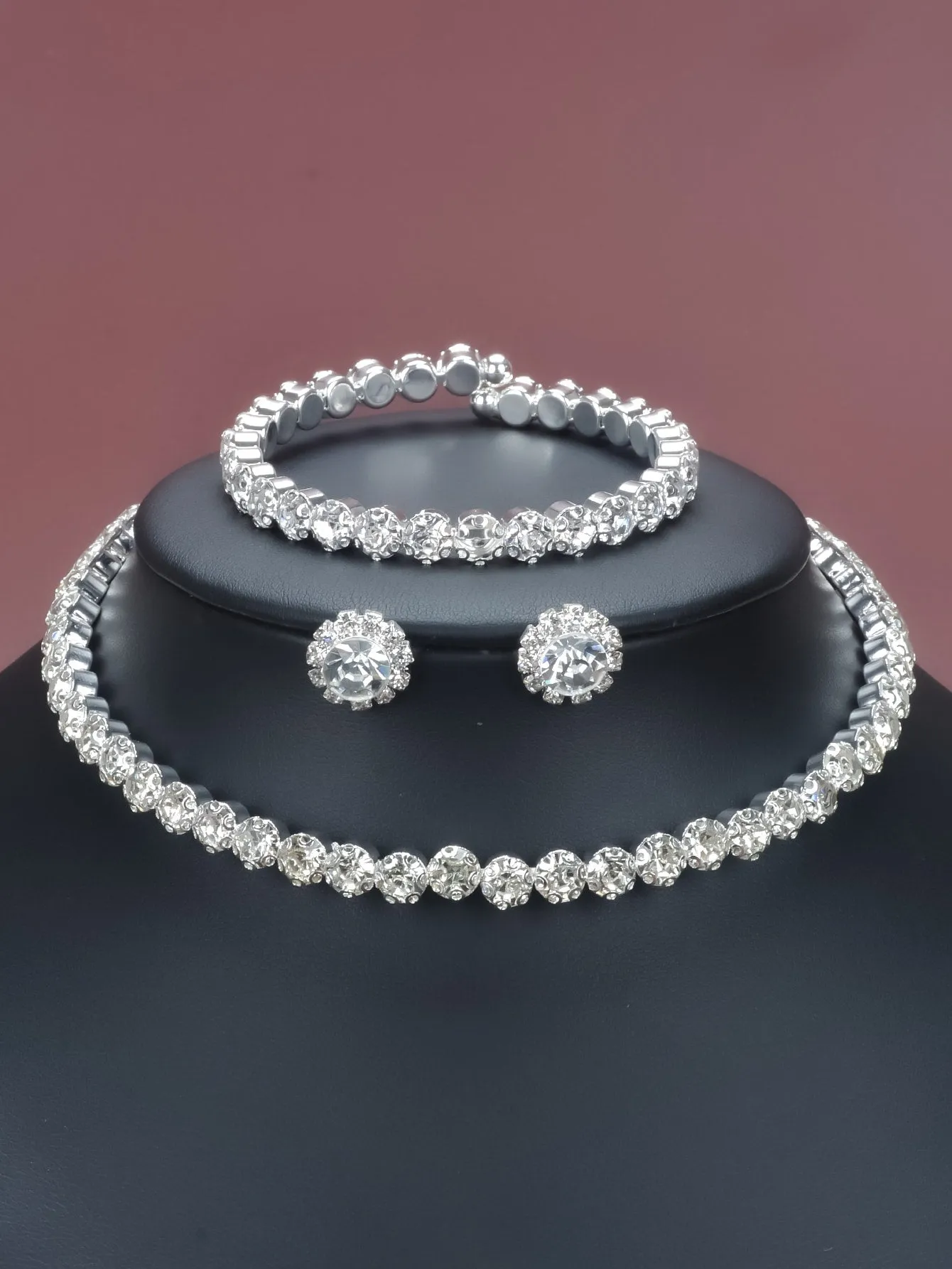Rhinestone Decor Necklace & Bracelet & Stud Earrings