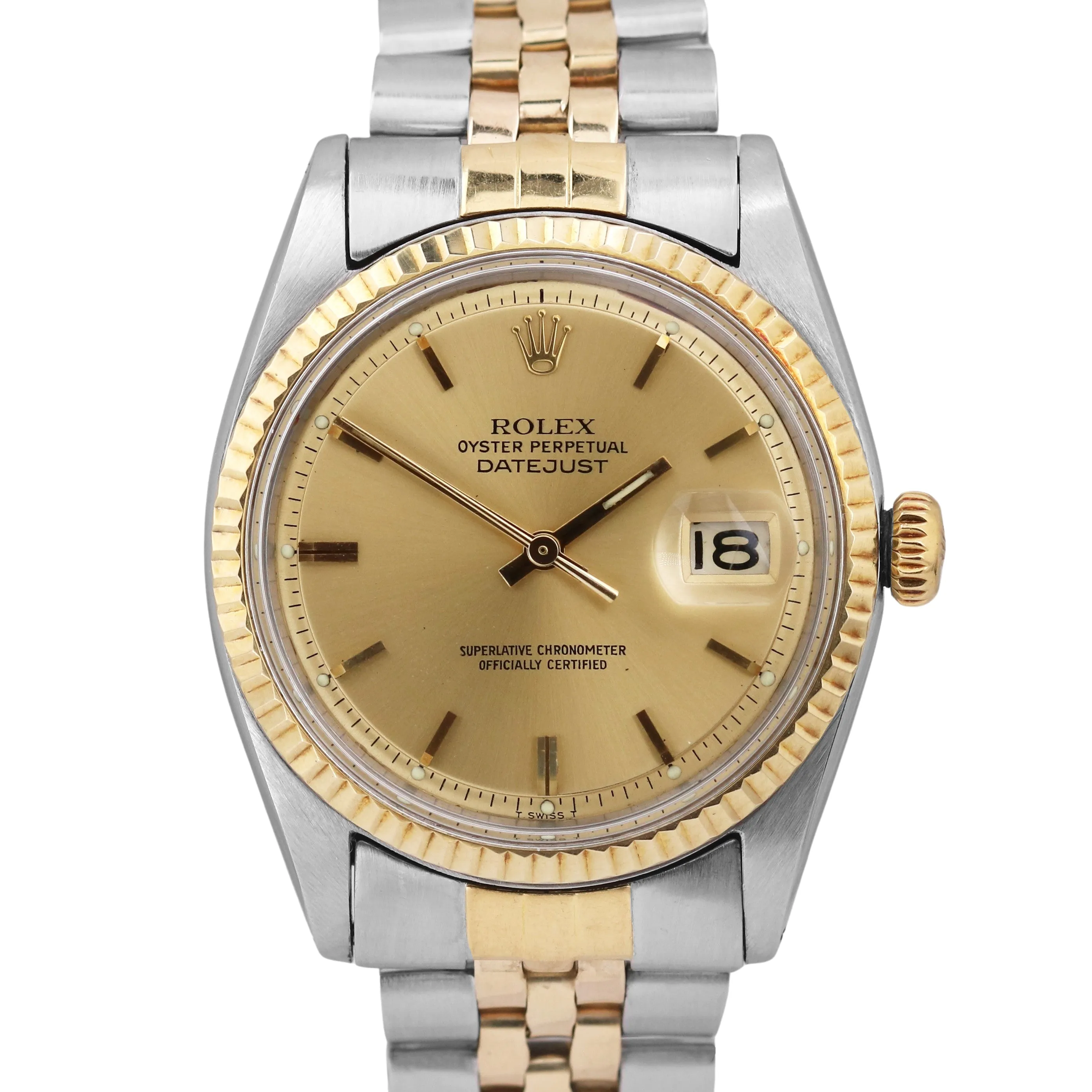 Rolex DateJust 36mm CHAMPAGNE PIE PAN Stainless Steel 18K Fluted JUBILEE 1601