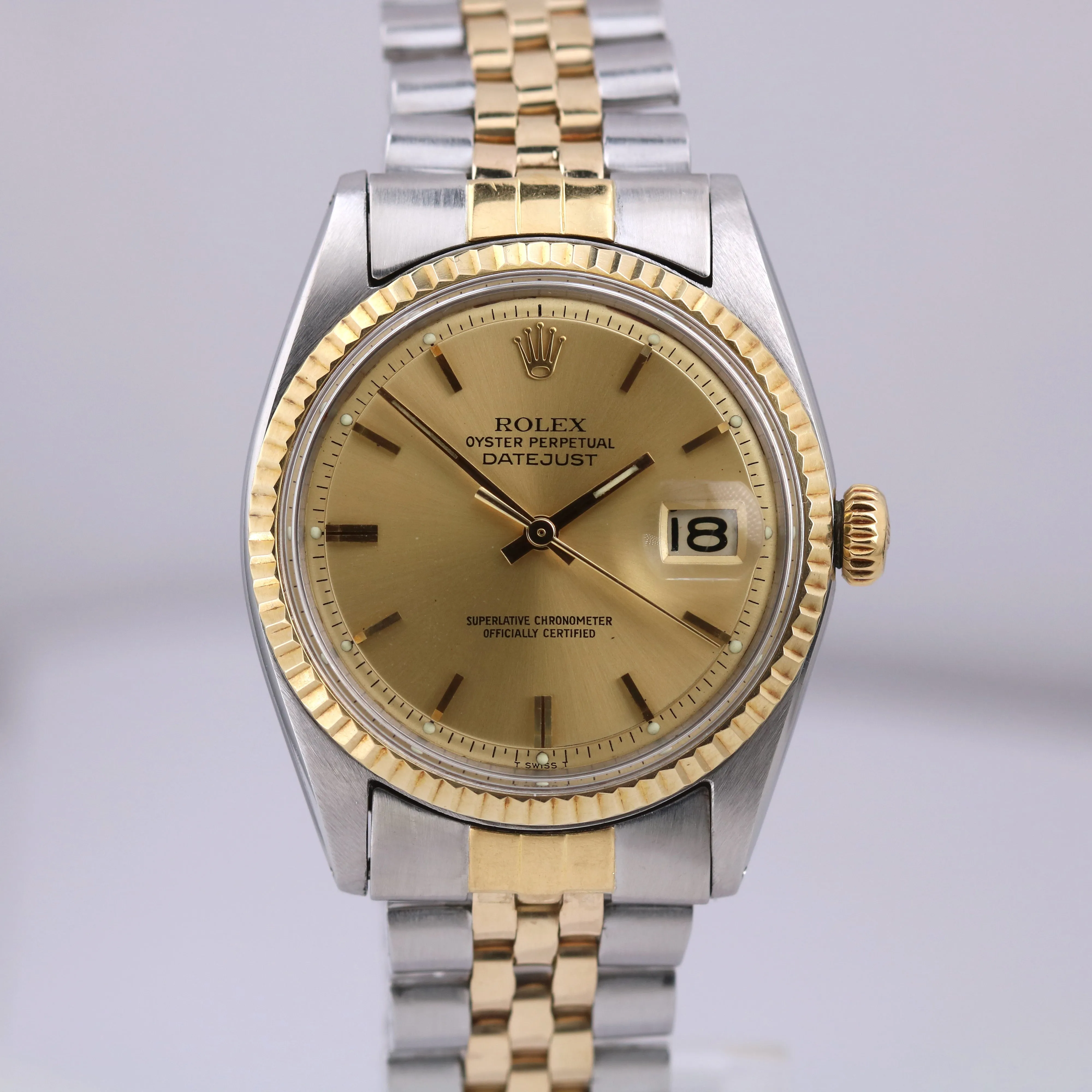 Rolex DateJust 36mm CHAMPAGNE PIE PAN Stainless Steel 18K Fluted JUBILEE 1601