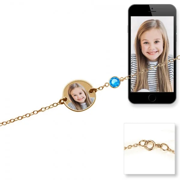 Round Photo Engraved Bracelet with Birthstone Jewelry