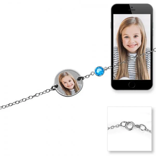 Round Photo Engraved Bracelet with Birthstone Jewelry