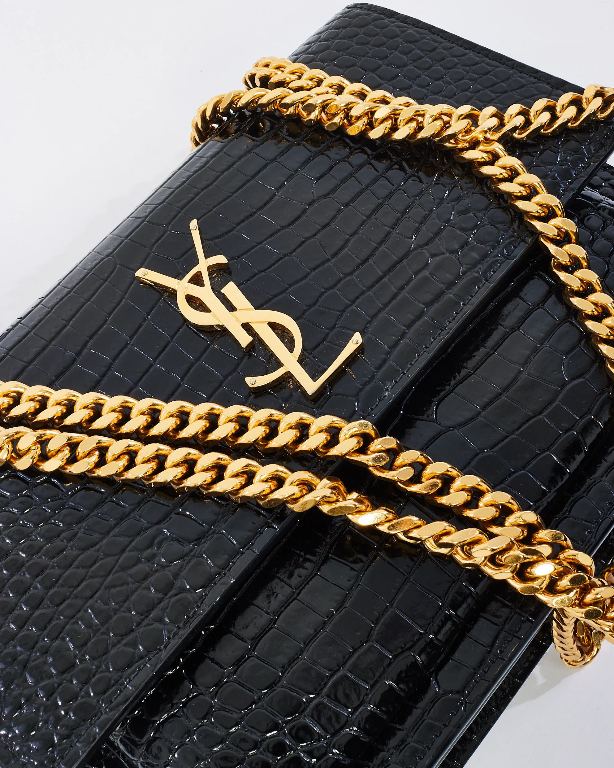 Saint Laurent Black Croc Embossed Leather Medium Sunset Shoulder Bag