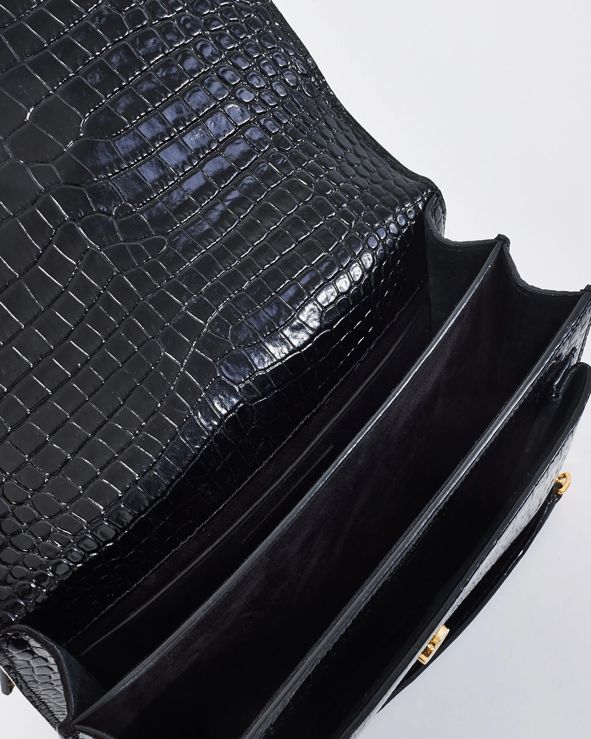 Saint Laurent Black Croc Embossed Leather Medium Sunset Shoulder Bag