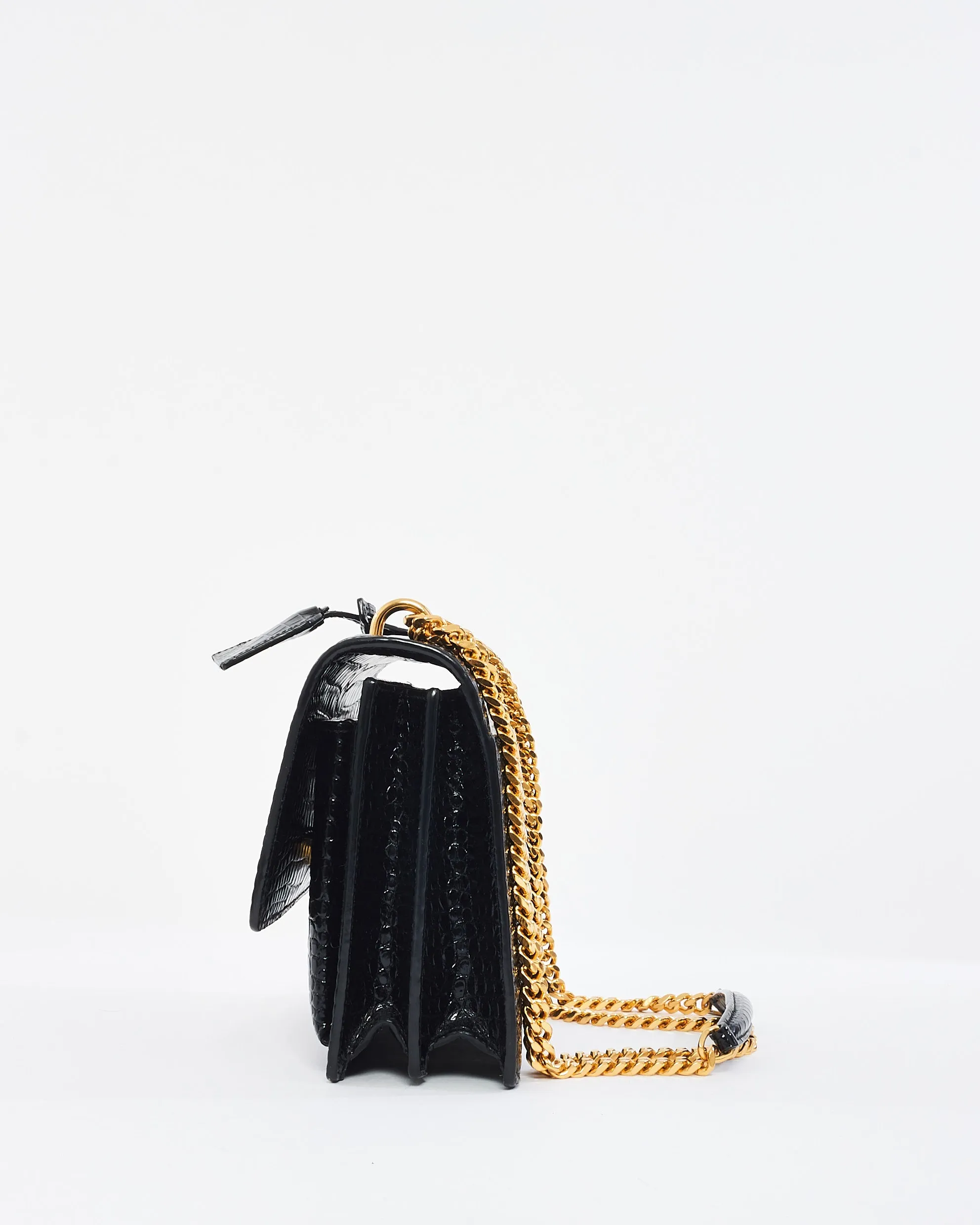 Saint Laurent Black Croc Embossed Leather Medium Sunset Shoulder Bag