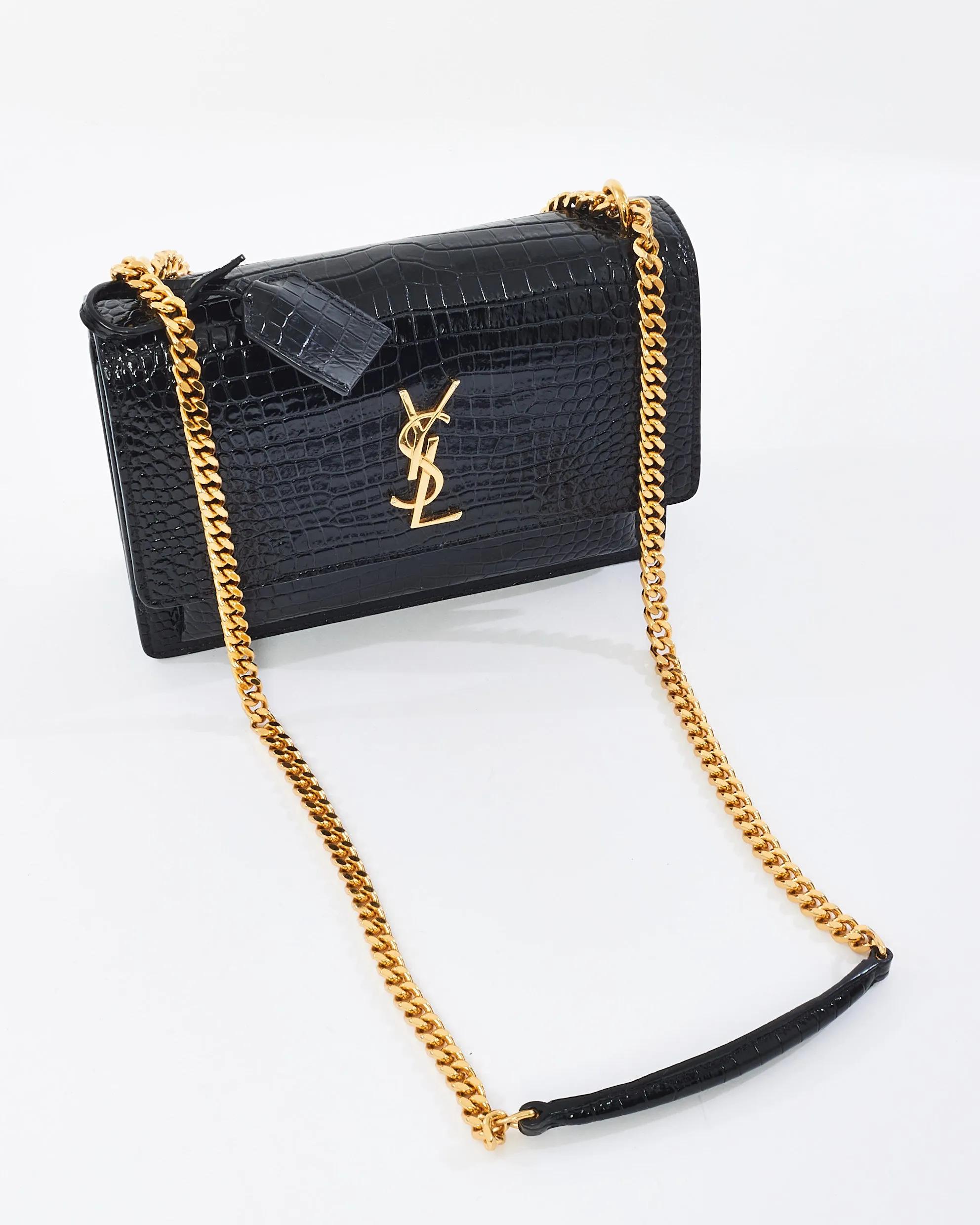 Saint Laurent Black Croc Embossed Leather Medium Sunset Shoulder Bag