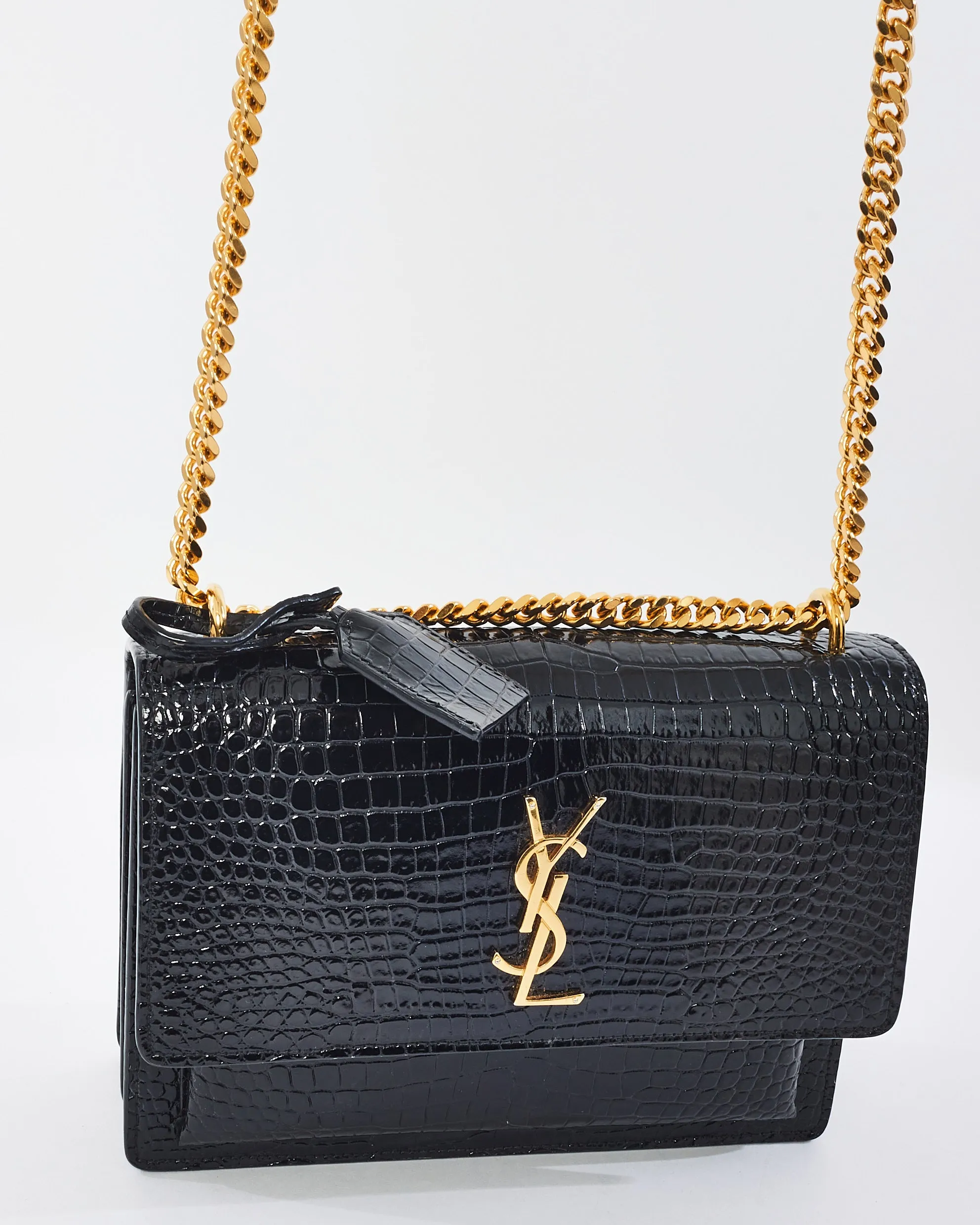 Saint Laurent Black Croc Embossed Leather Medium Sunset Shoulder Bag