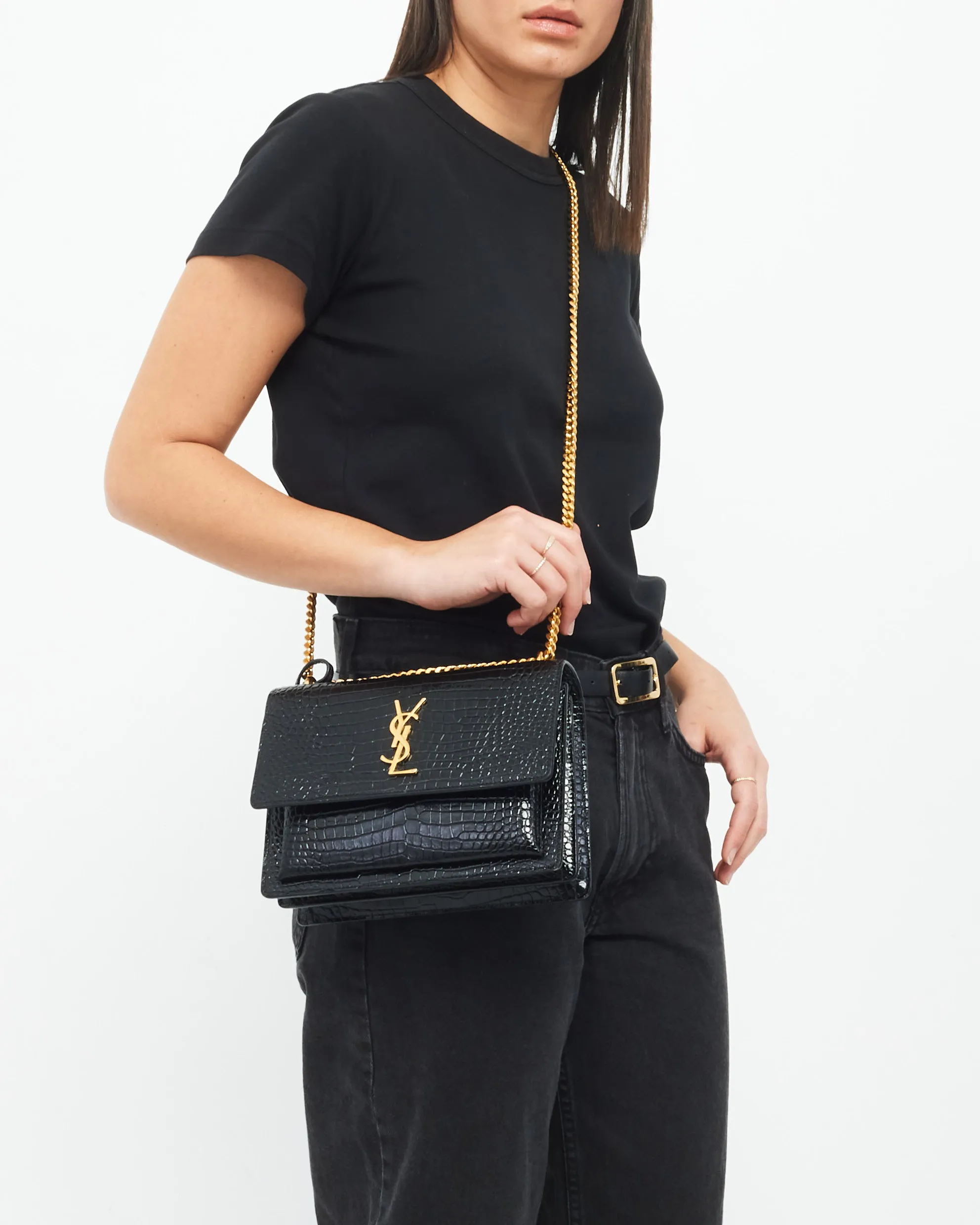 Saint Laurent Black Croc Embossed Leather Medium Sunset Shoulder Bag