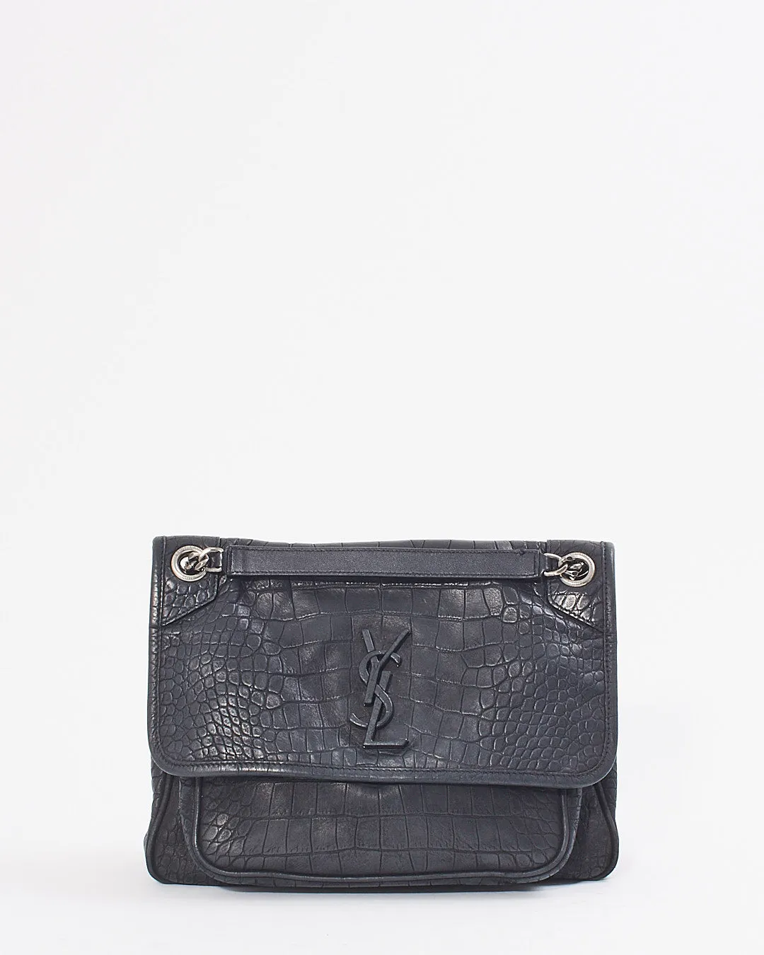 Saint Laurent Black Matte Croc Embossed Nikki Medium Shoulder Bag