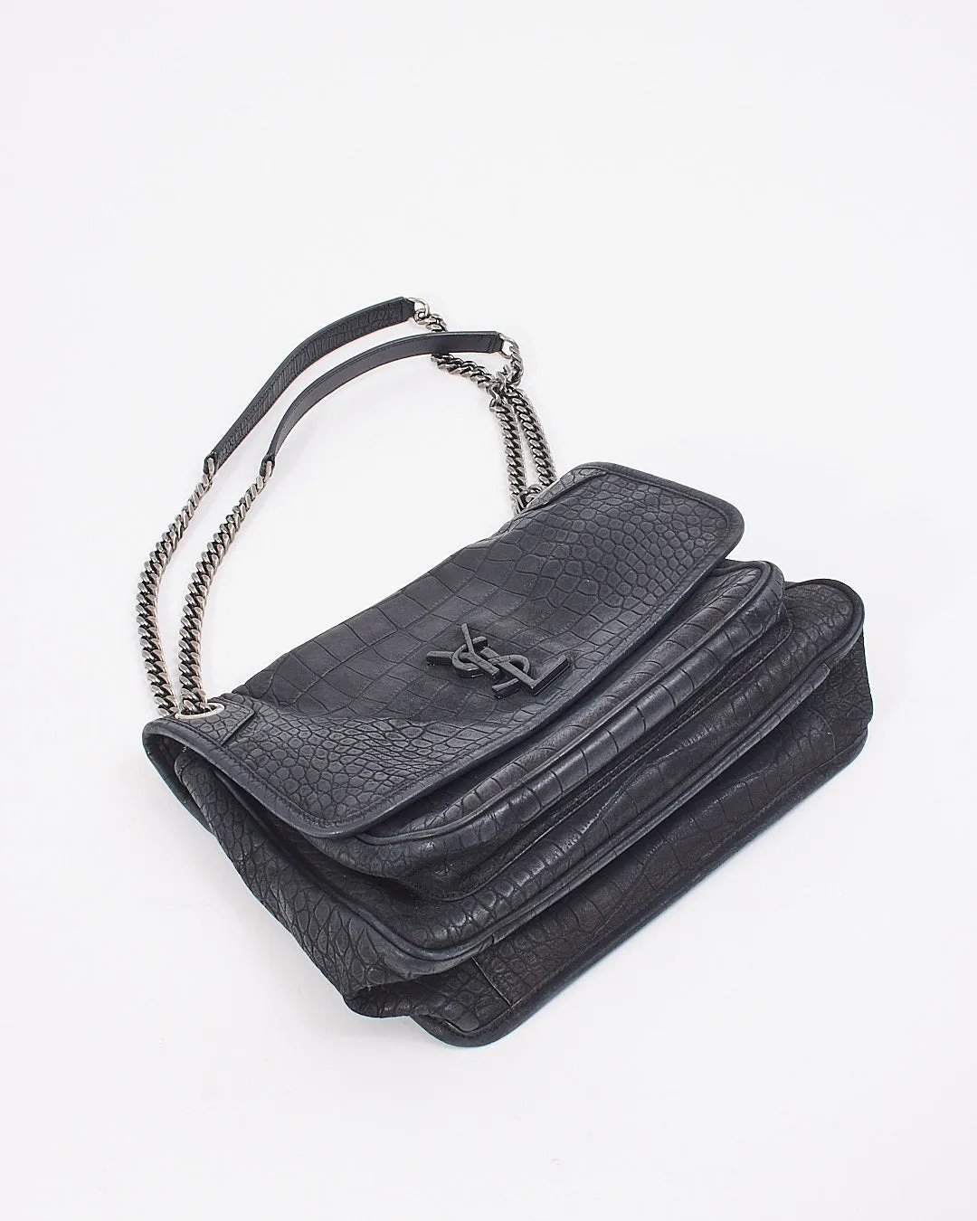 Saint Laurent Black Matte Croc Embossed Nikki Medium Shoulder Bag