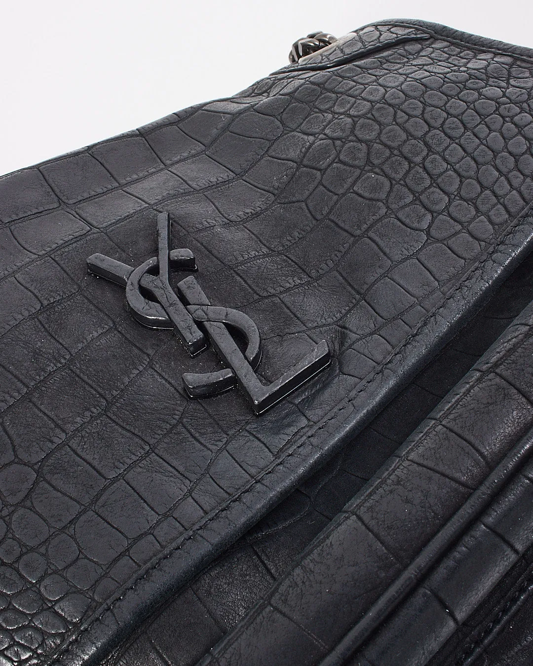 Saint Laurent Black Matte Croc Embossed Nikki Medium Shoulder Bag