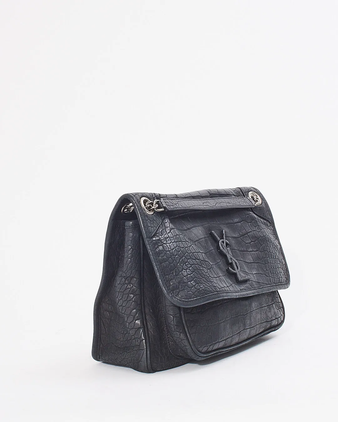 Saint Laurent Black Matte Croc Embossed Nikki Medium Shoulder Bag