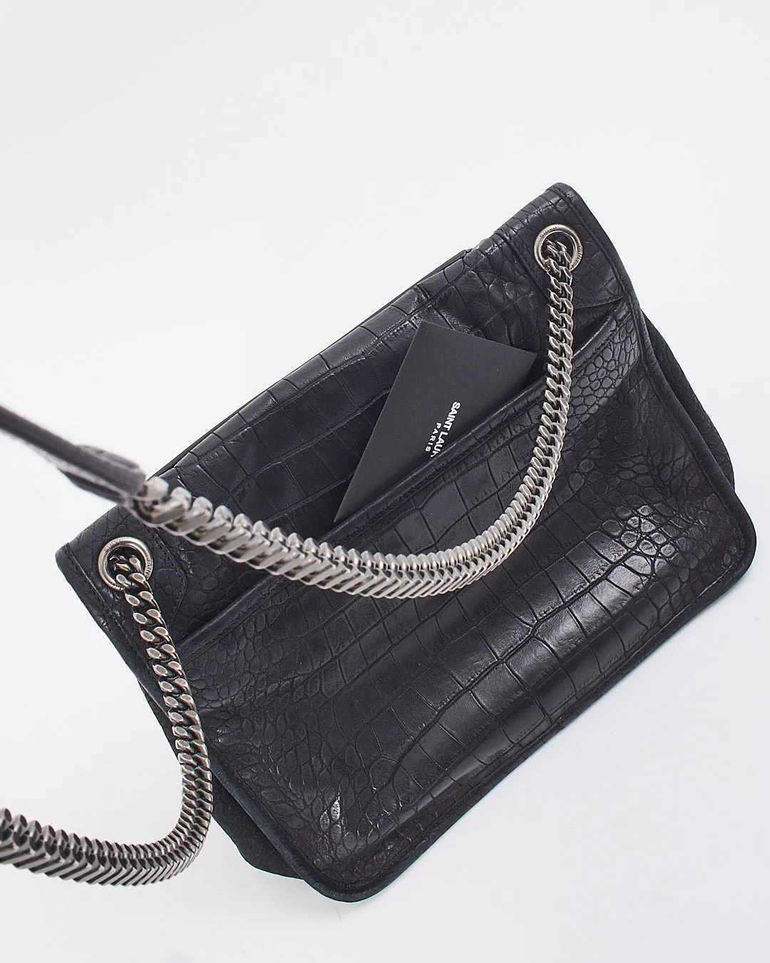 Saint Laurent Black Matte Croc Embossed Nikki Medium Shoulder Bag