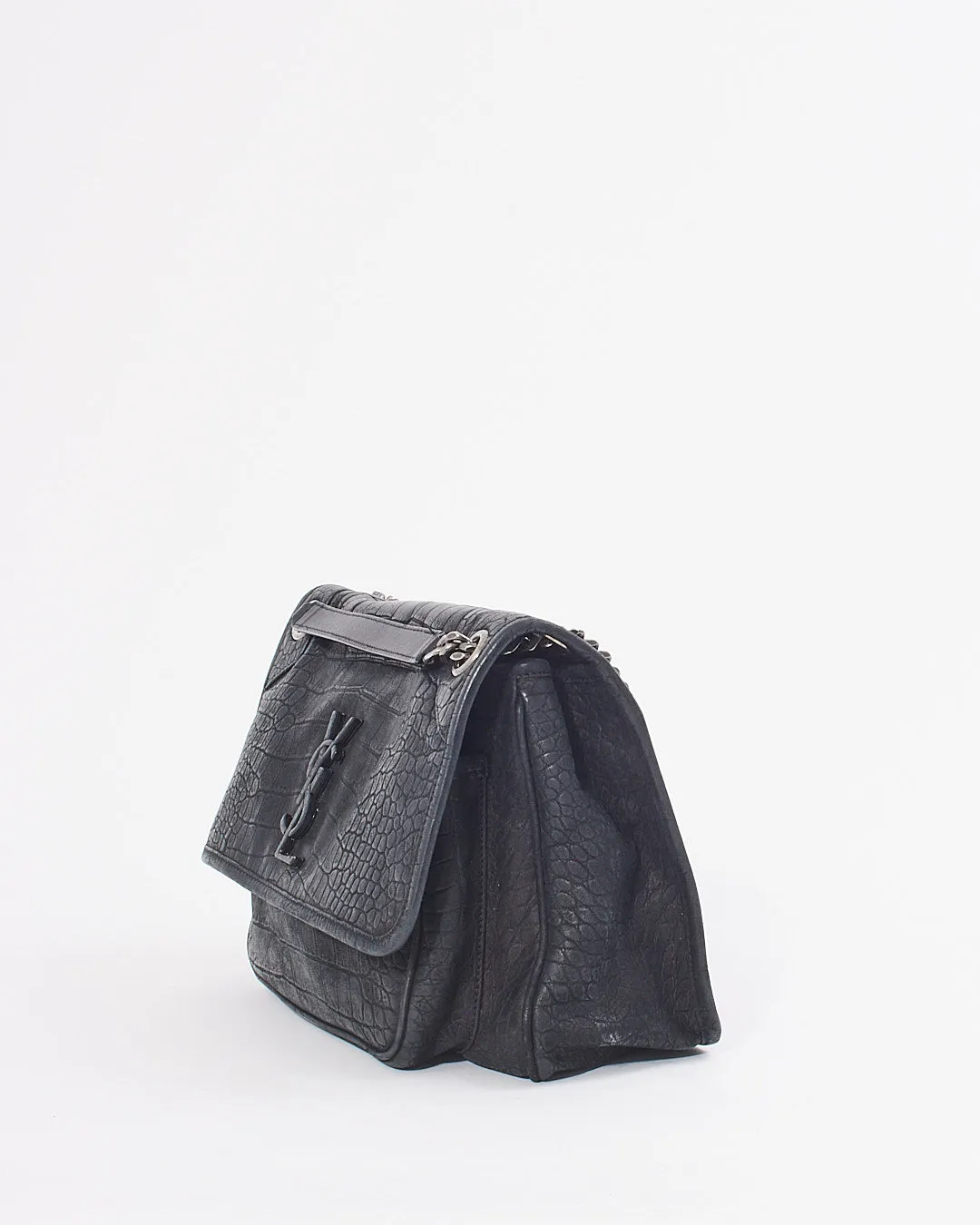 Saint Laurent Black Matte Croc Embossed Nikki Medium Shoulder Bag