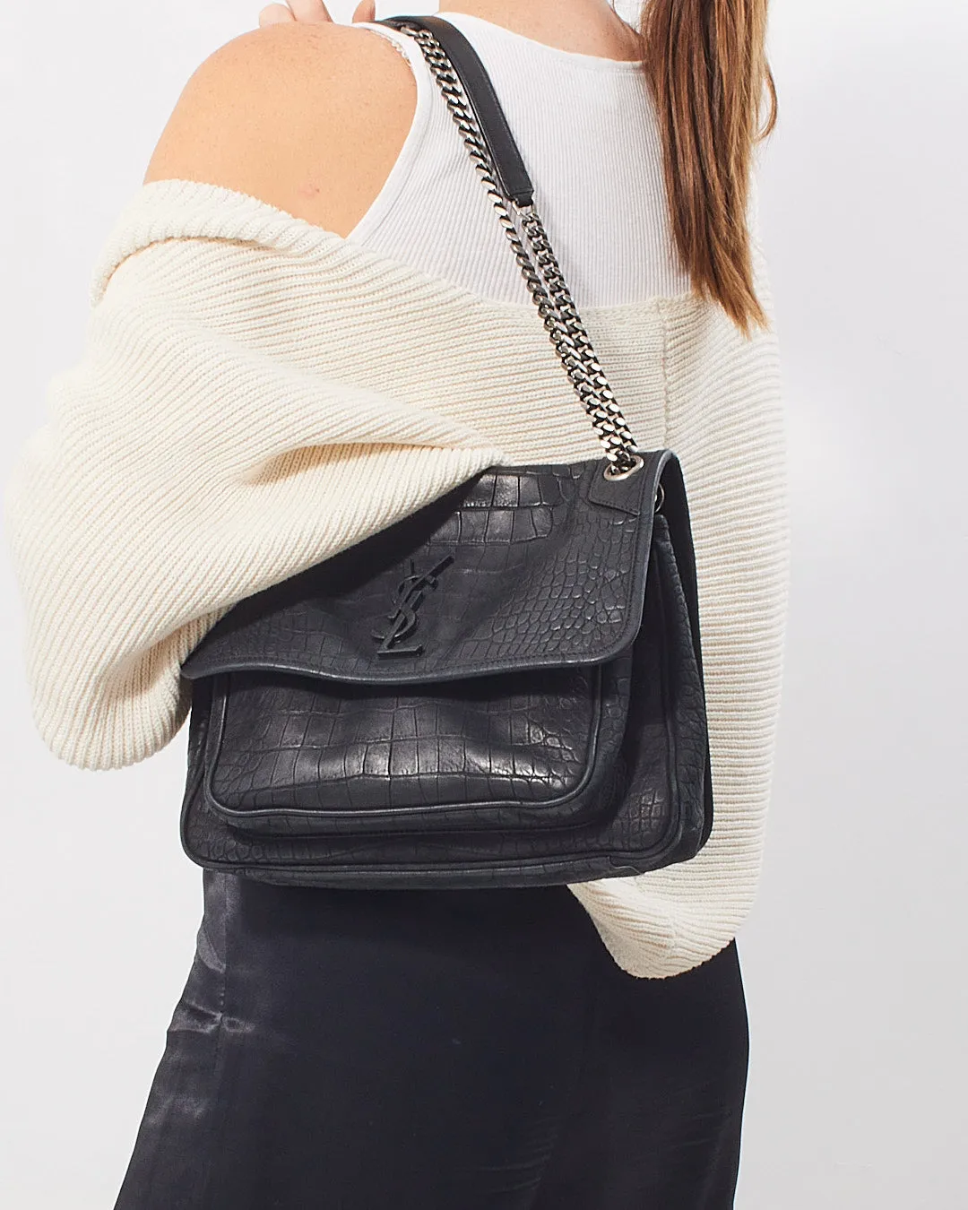 Saint Laurent Black Matte Croc Embossed Nikki Medium Shoulder Bag
