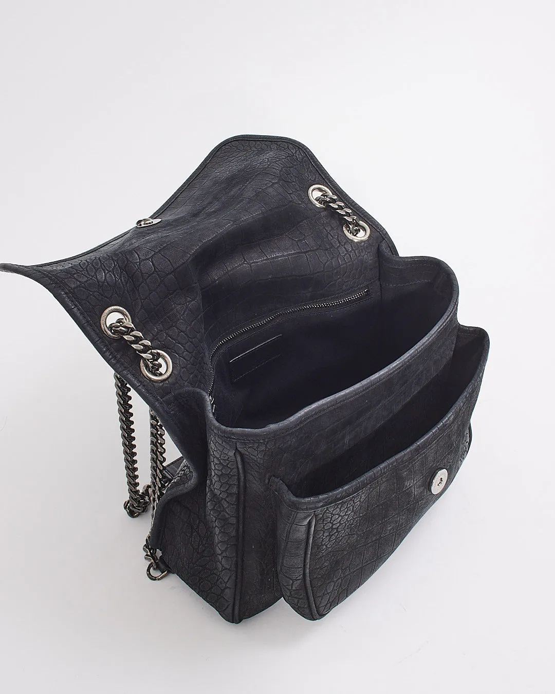 Saint Laurent Black Matte Croc Embossed Nikki Medium Shoulder Bag