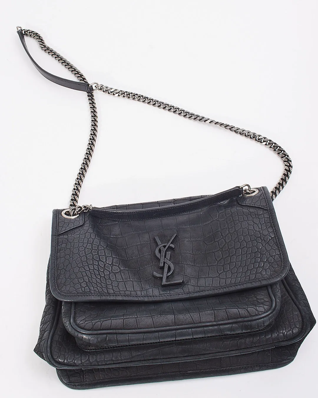 Saint Laurent Black Matte Croc Embossed Nikki Medium Shoulder Bag