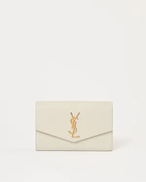Saint Laurent Off White Grained Leather Uptown Wallet on Chain