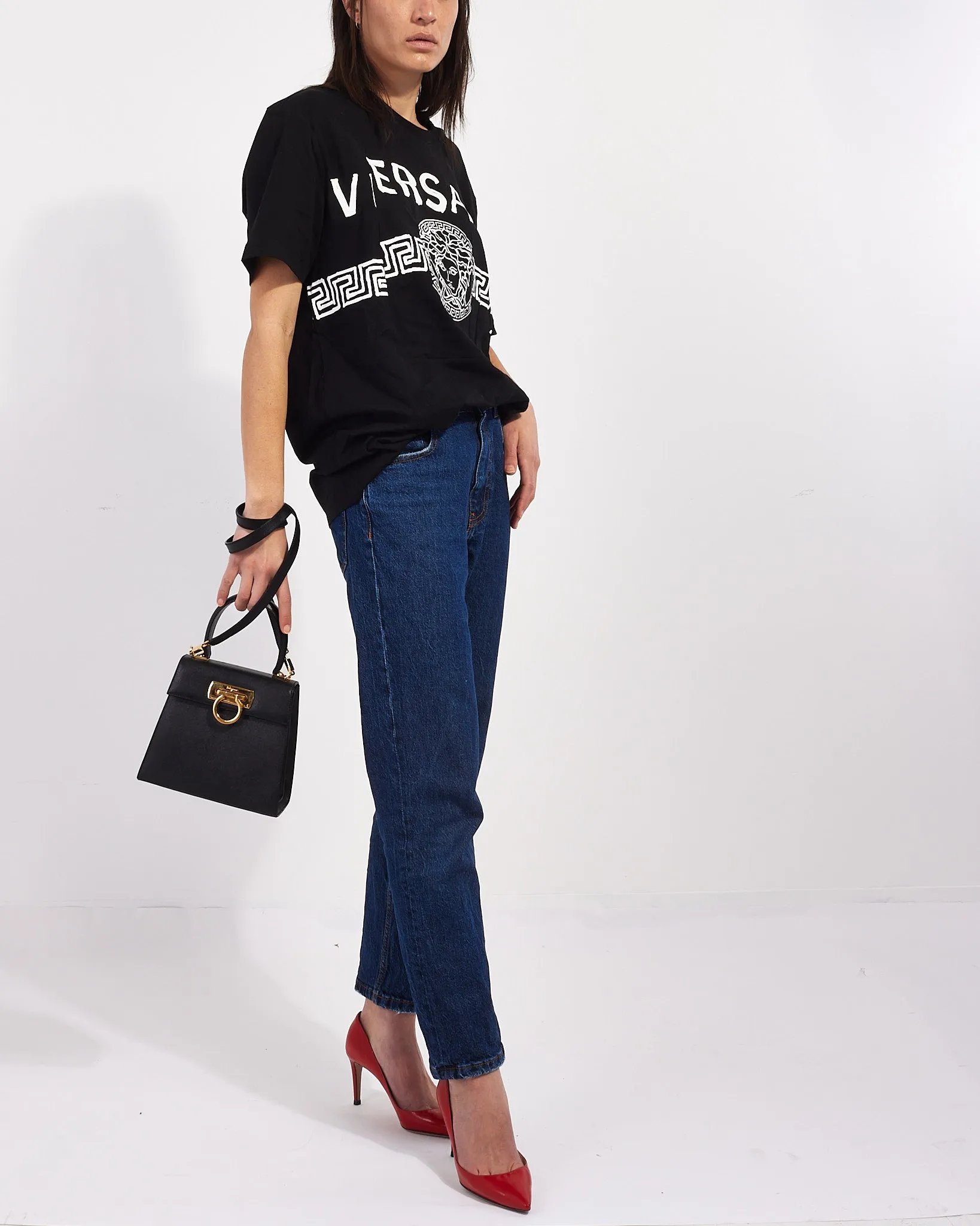 Salvatore Ferragamo Vintage Black Grained Leather Iconic Handle (Kelly) Bag