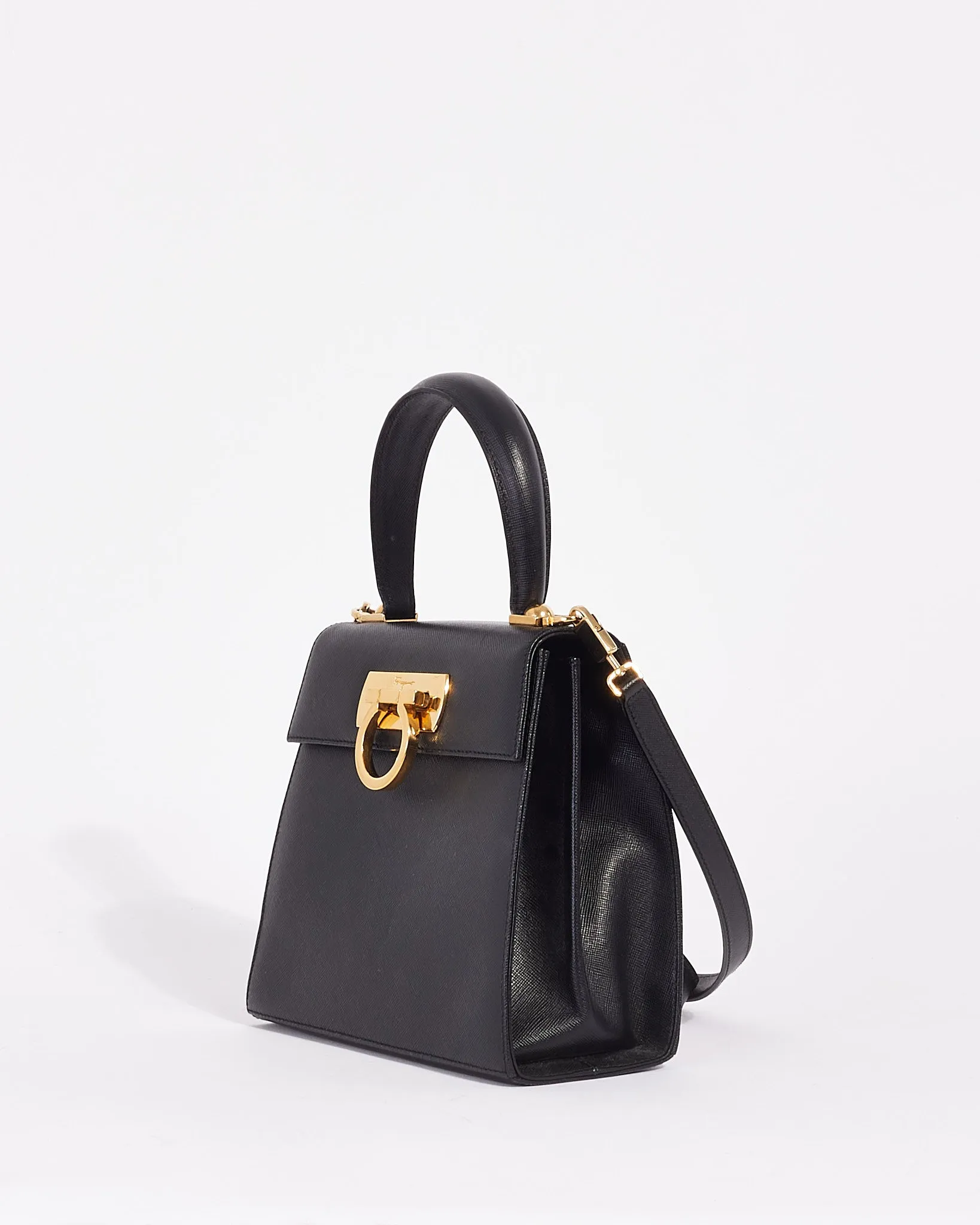 Salvatore Ferragamo Vintage Black Grained Leather Iconic Handle (Kelly) Bag