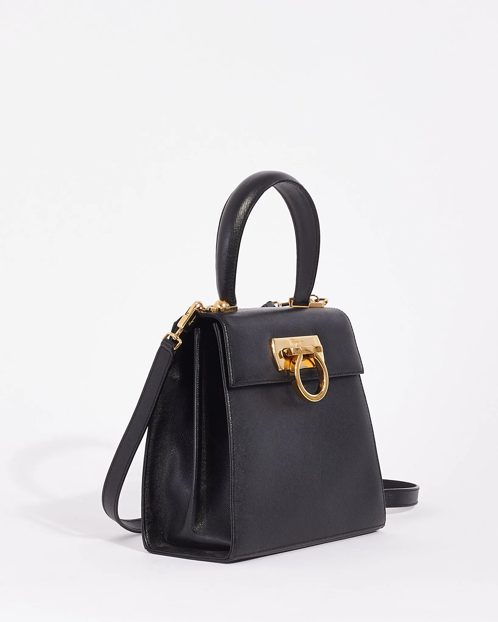 Salvatore Ferragamo Vintage Black Grained Leather Iconic Handle (Kelly) Bag