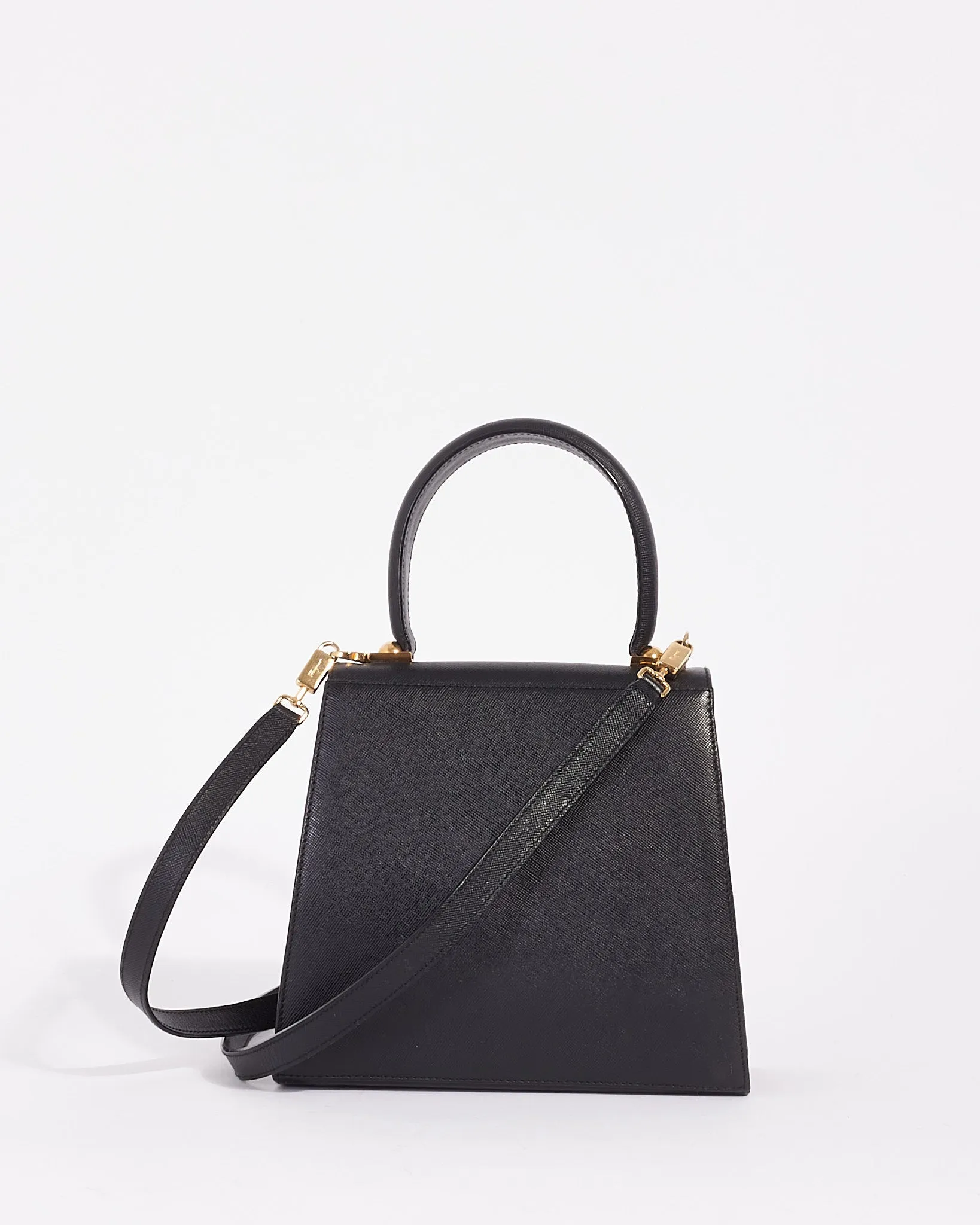 Salvatore Ferragamo Vintage Black Grained Leather Iconic Handle (Kelly) Bag