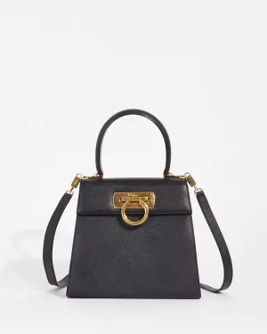 Salvatore Ferragamo Vintage Black Grained Leather Iconic Handle (Kelly) Bag
