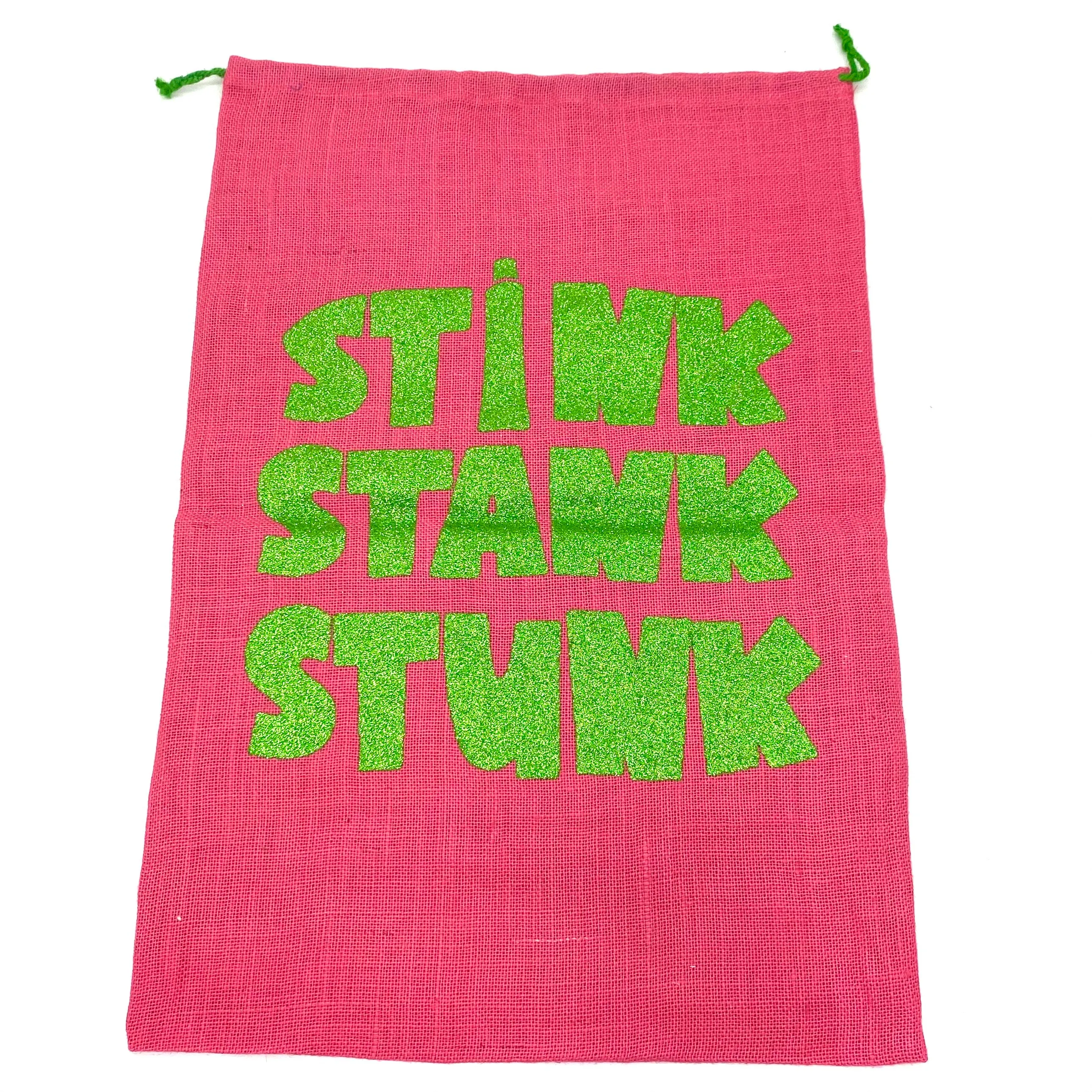 SANTA SACK WITH GLITTER PRINT IN PINK "STINK, STANK, STUNK"