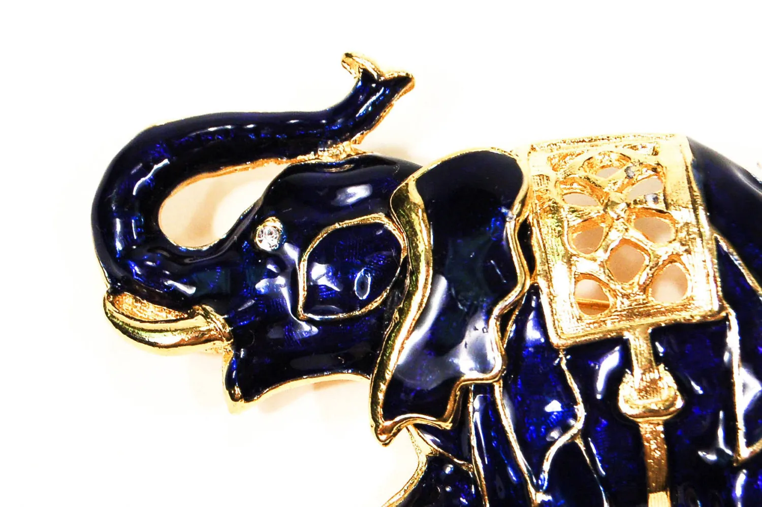 Sapphire Blue and Gold Tone Walking Elephant Brooch