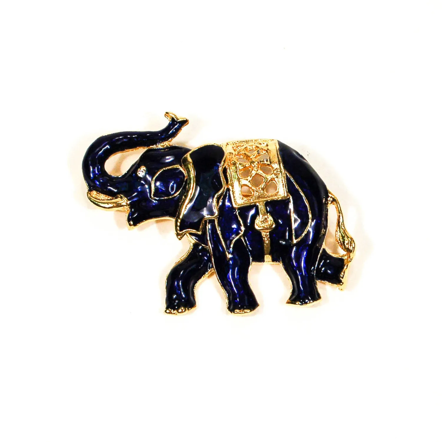Sapphire Blue and Gold Tone Walking Elephant Brooch