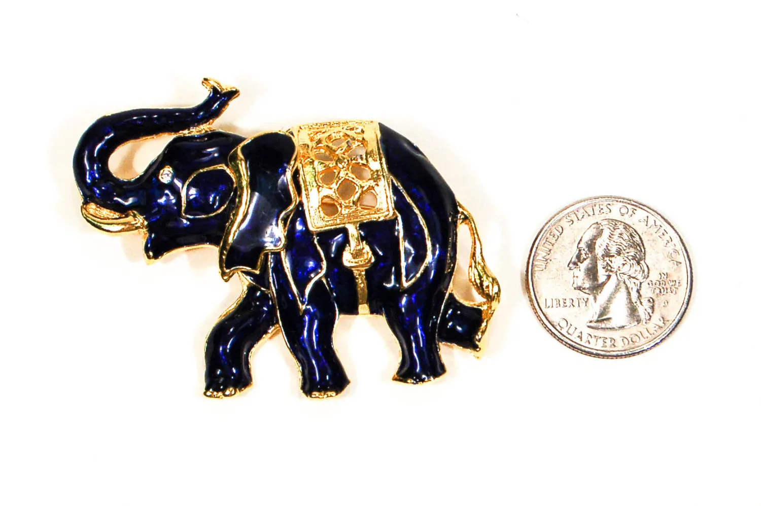 Sapphire Blue and Gold Tone Walking Elephant Brooch