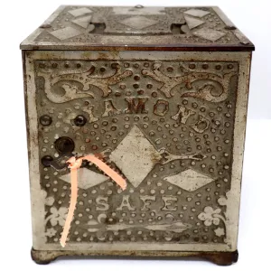 Scarce American Nickel Plated Iron and Wood Diamond Safe Still Bank