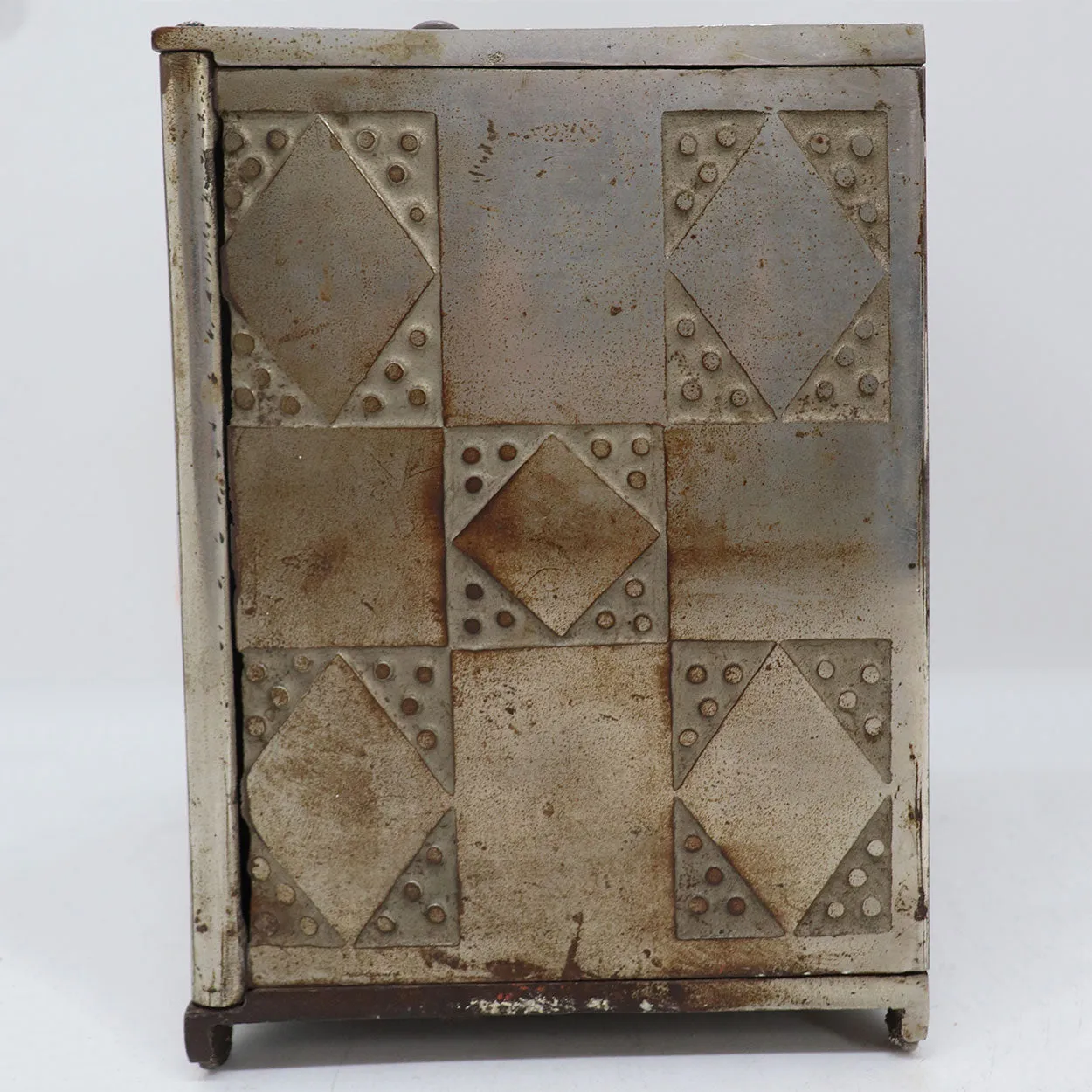 Scarce American Nickel Plated Iron and Wood Diamond Safe Still Bank