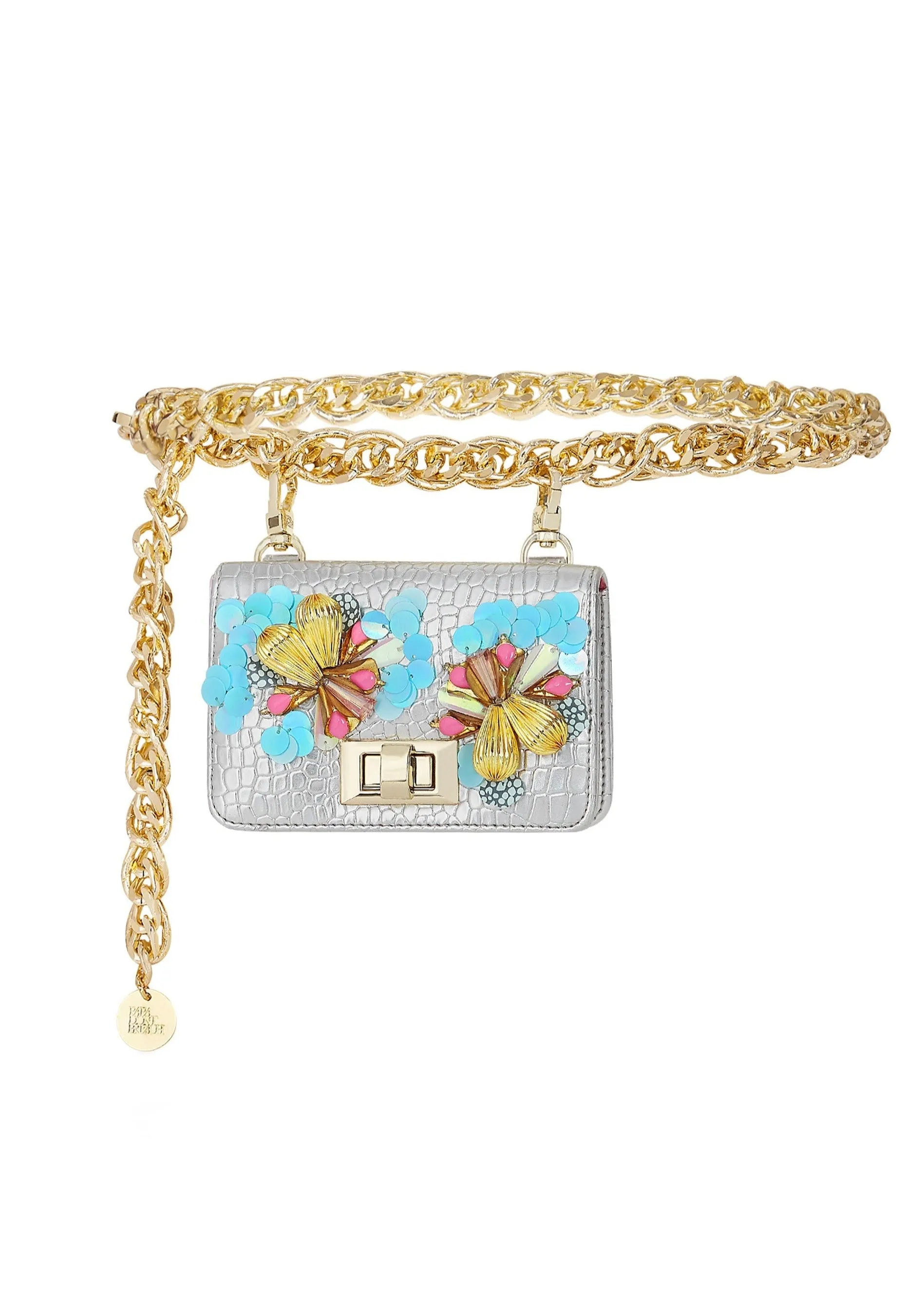 Silver chain link belt bag