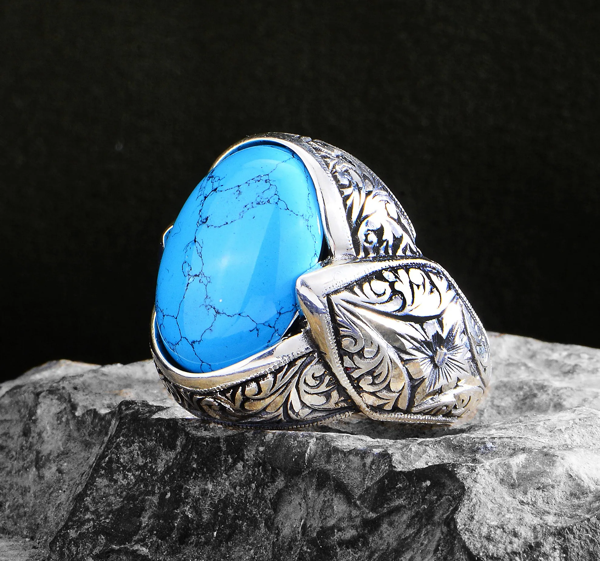 Silver Handmade Engraved Turquoise Stone Ring