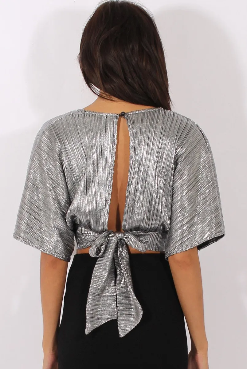 Silver Metallic Pleated Open Back Crop Top - Mariah