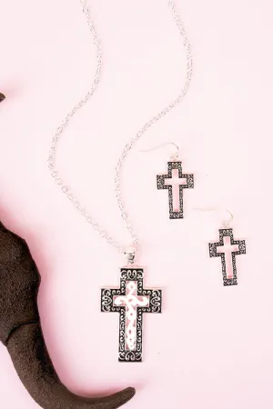 Silvertone Filigree Pearl Cross Necklace and Earring Set