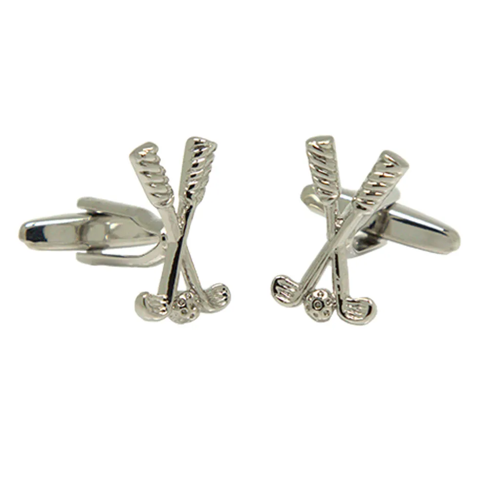 Silvertone Novelty Golf Clubs Cufflinks with Jewelry Box