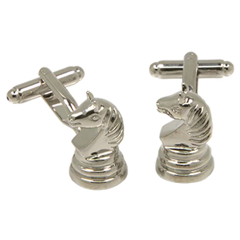 Silvertone Novelty Knight Chess Piece Horse Cufflinks with Jewelry Box