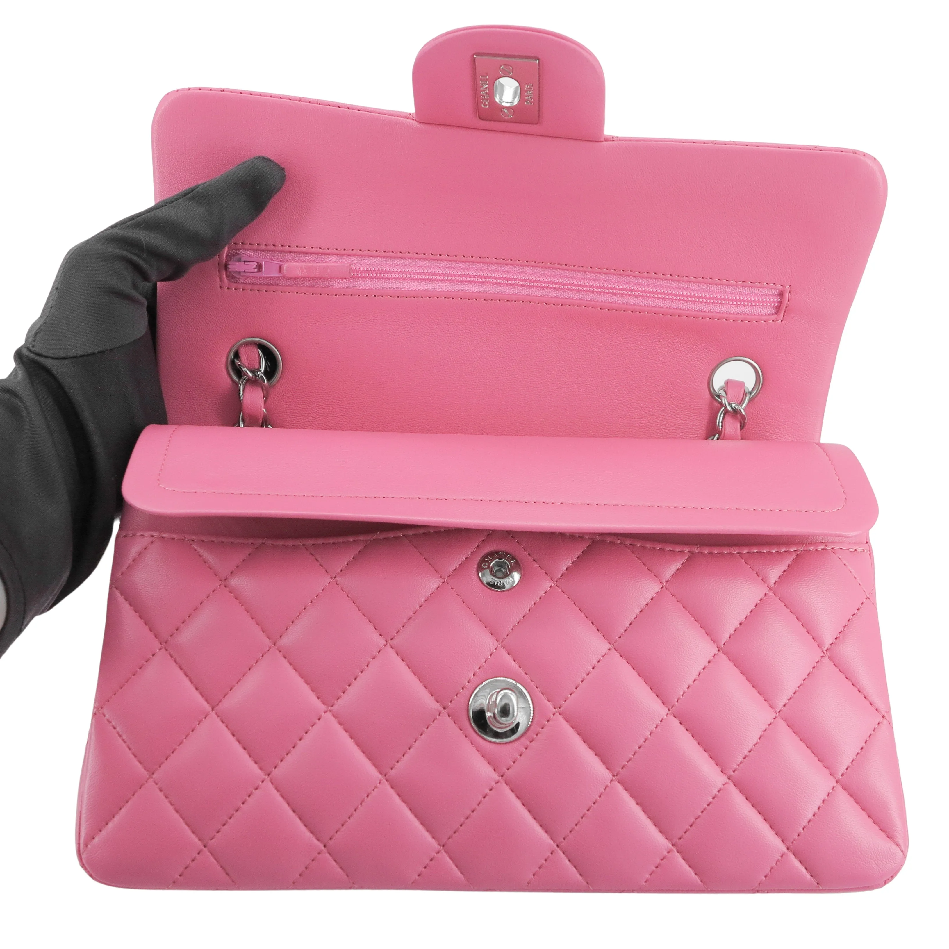 Small Classic Double Flap Bag in Barbie Pink Lambskin