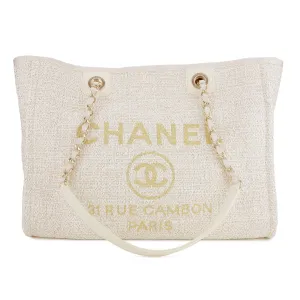 Small Glitter Deauville Tote Bag in Beige Canvas