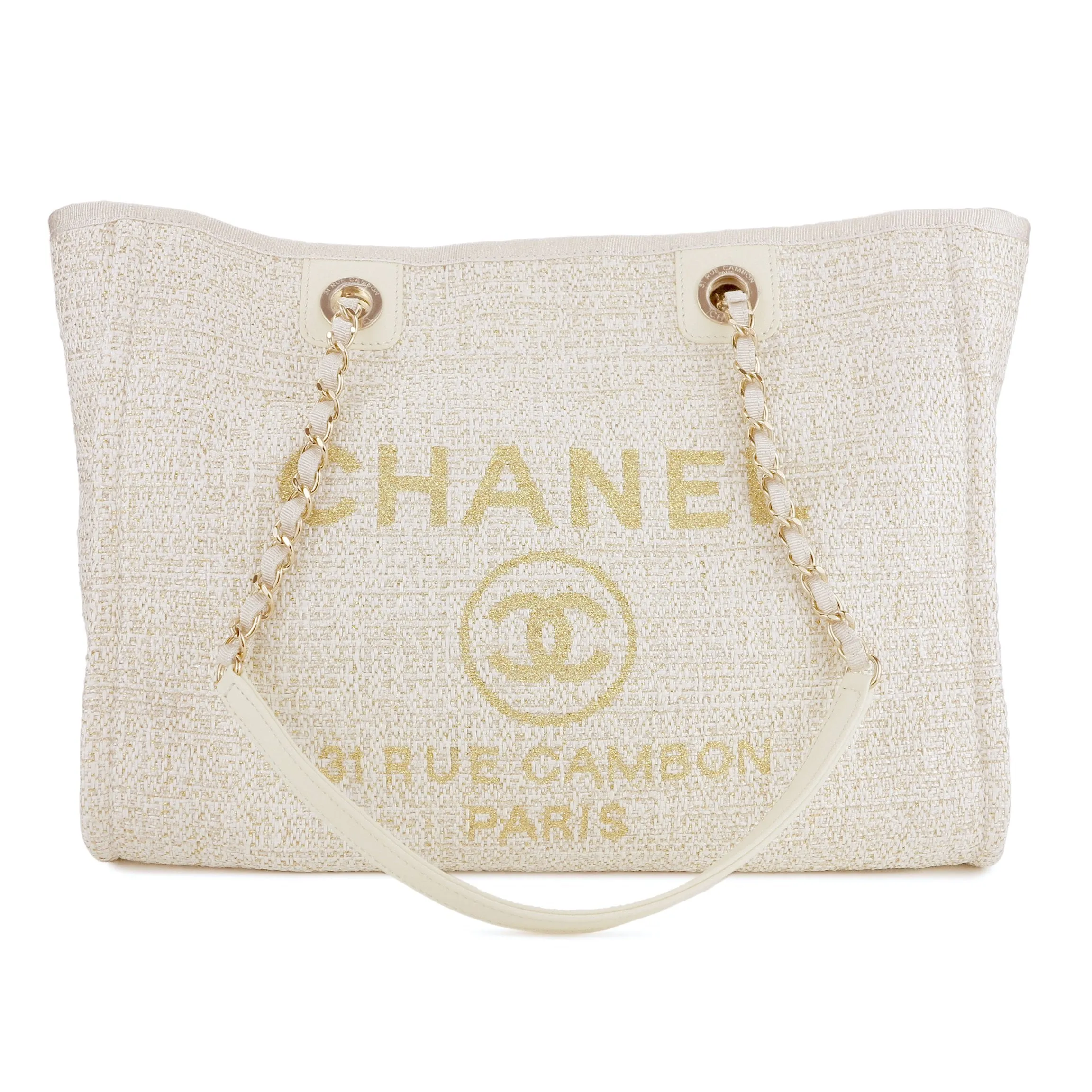 Small Glitter Deauville Tote Bag in Beige Canvas