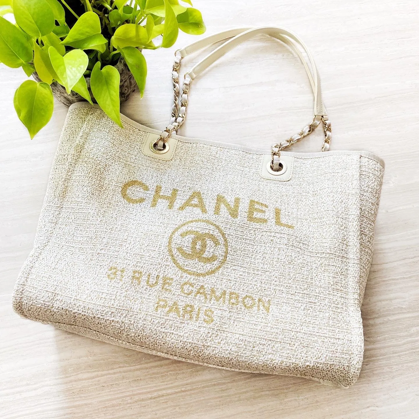 Small Glitter Deauville Tote Bag in Beige Canvas