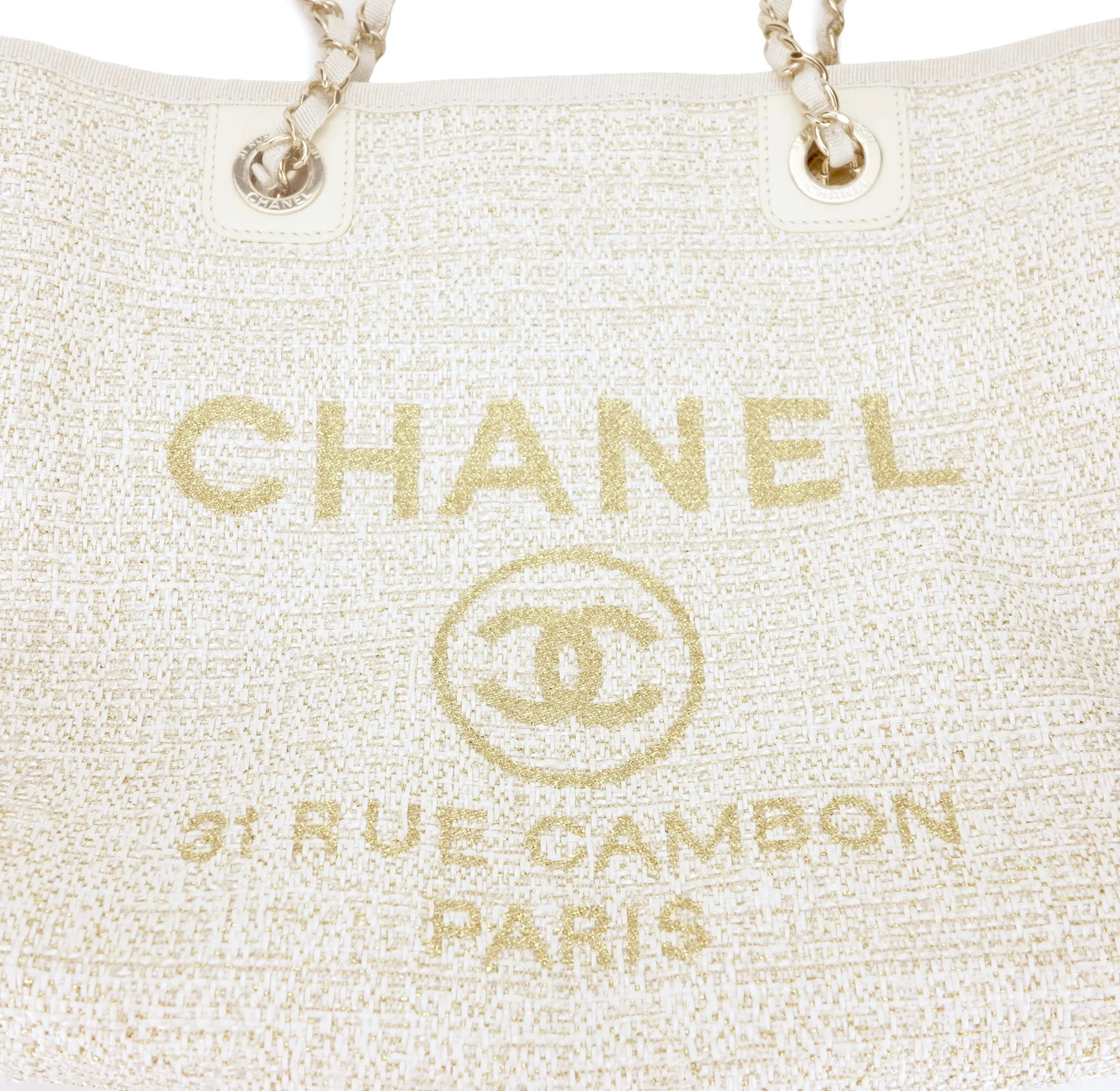 Small Glitter Deauville Tote Bag in Beige Canvas