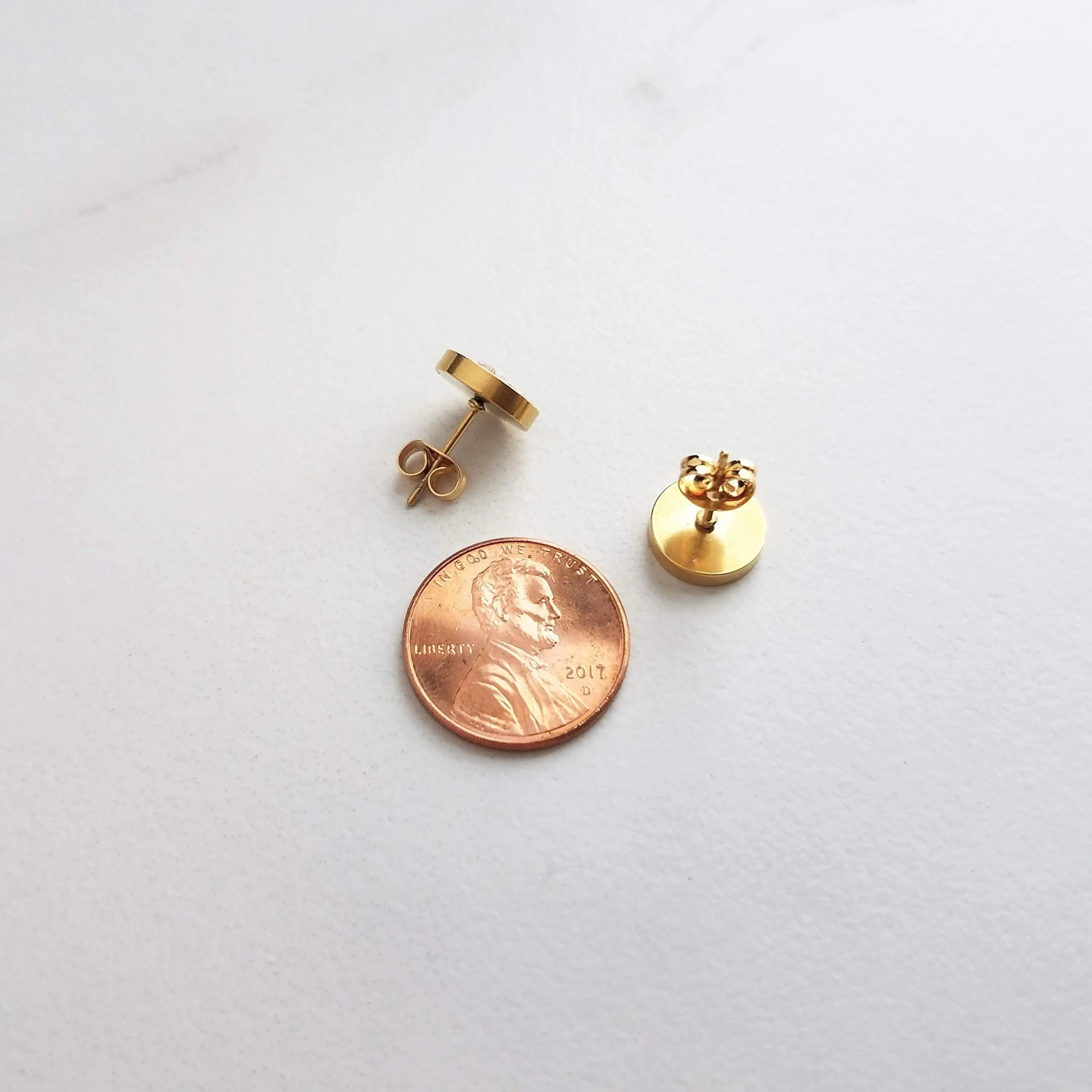 Small Round Purple Earrings, gold stainless steel stud, light purple stud, gold foil studs, little gold leaf studs, pale light purple, lilac