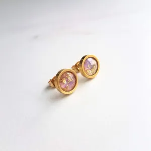 Small Round Purple Earrings, gold stainless steel stud, light purple stud, gold foil studs, little gold leaf studs, pale light purple, lilac