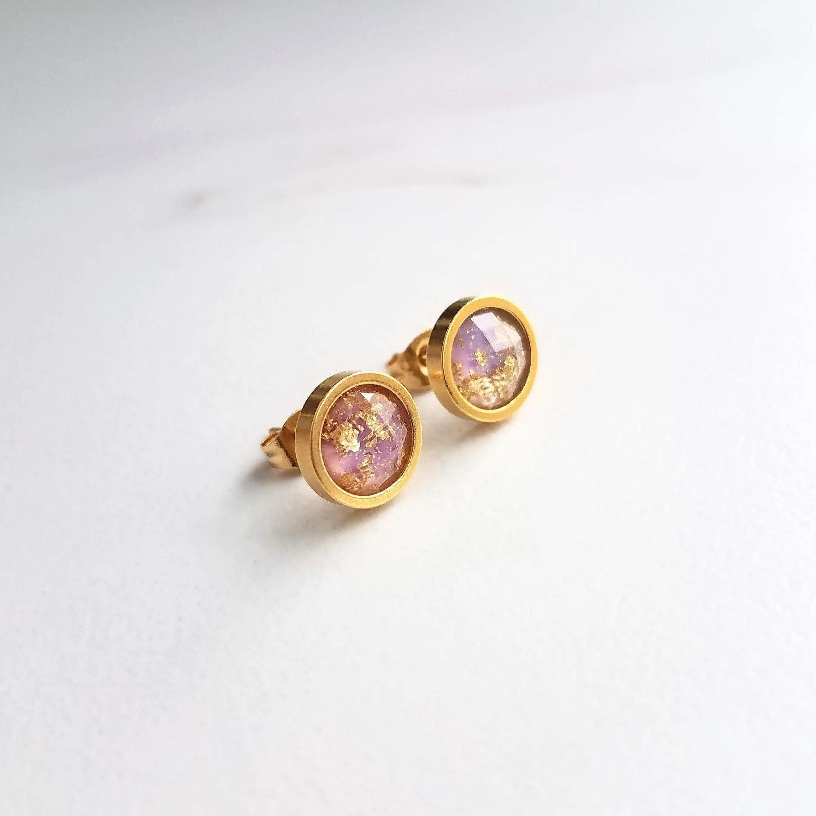 Small Round Purple Earrings, gold stainless steel stud, light purple stud, gold foil studs, little gold leaf studs, pale light purple, lilac